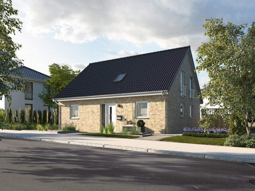 Mit modernem Eingangsbereich präsentiert sich das Mitwachshaus Flair 148 in der Klinker 1 Variante von der Straße aus. Einladend und zeitgemäß gestaltet, bietet es ein attraktives Erscheinungsbild.