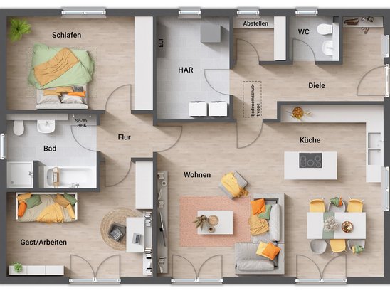 Grundriss Bungalow 110 Variante 2 mit zwei Schlafzimmern und Raumtrennung Grundriss des Bungalow 110 mit klarer Raumaufteilung und zwei großzügigen Schlafräumen