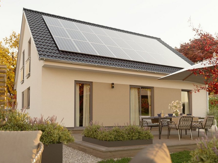 Der moderne Wohnkomfort des Mitwachshauses Flair 148 in der Elegance-Variante bietet dank seiner großzügigen Terrasse, bodentiefen Fenstern, Satteldach und optionaler Photovoltaikanlage einen zeitgemäßen Lebensstil. Farbige Akzente setzen Highlights